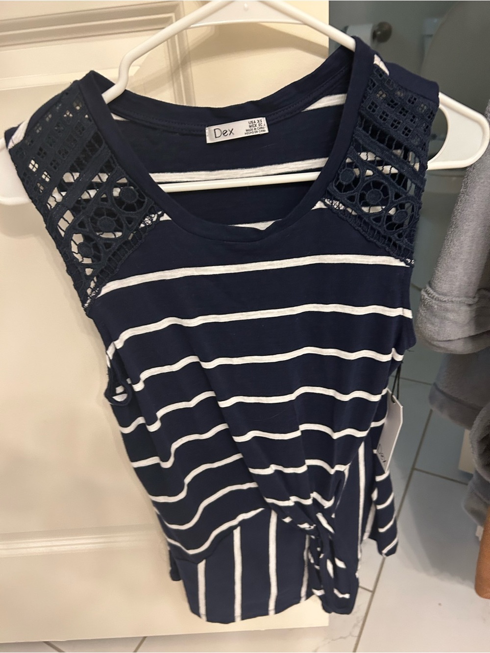 Dex Navy & White Striped Crochet-Shoulder Tie-Front Tank